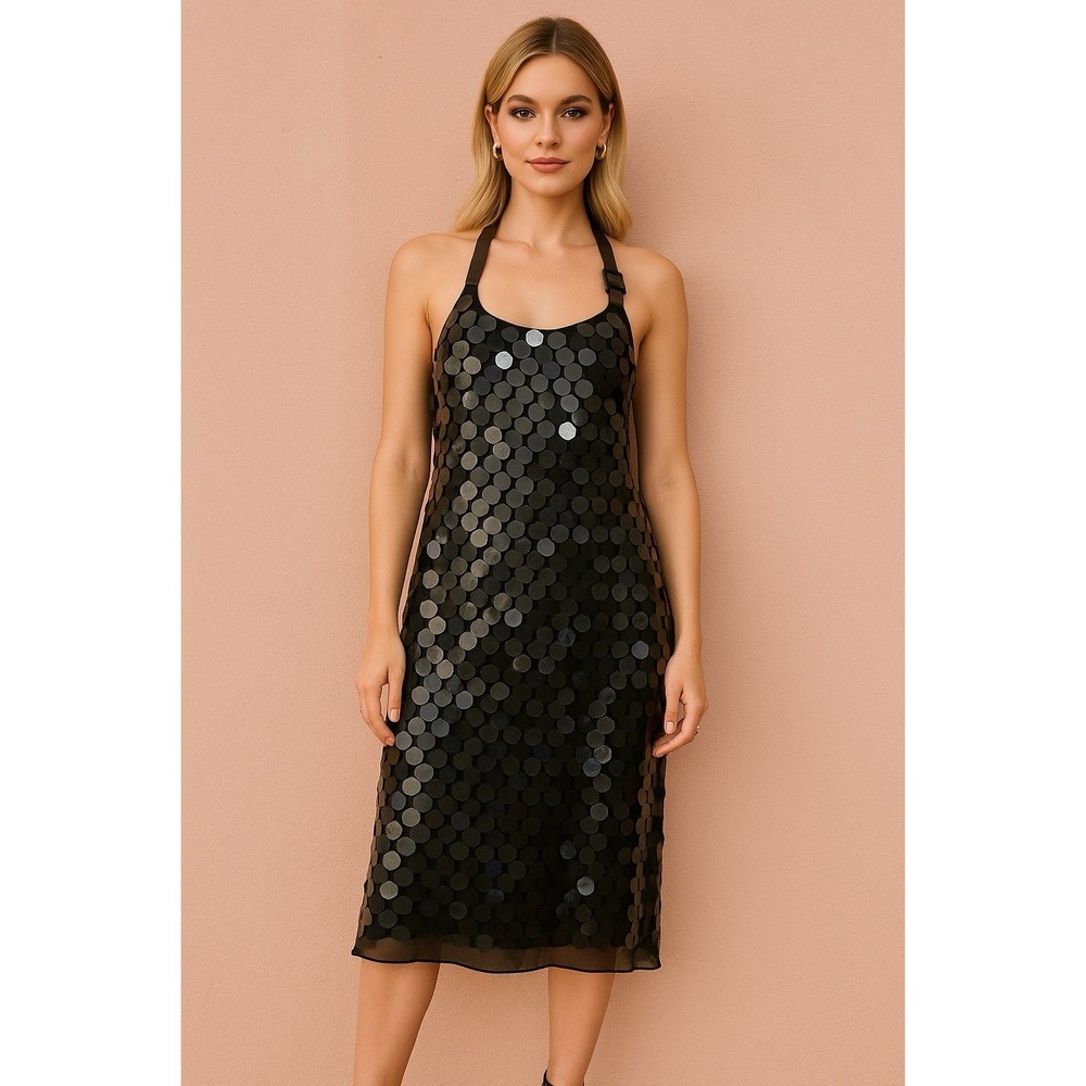 Ronit Zilkha London Black Sequin Halter Dress Sz 12 Luxury Glamorous